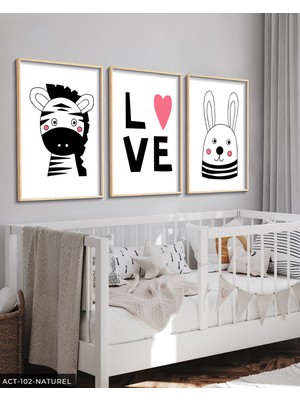 Evine Moda Hayvan Temalı Çocuk Odası 3 Parça Ahşap Çerçeveli Tablo Act