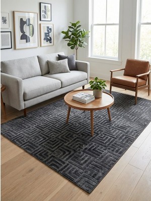 Maisoria Home  Rölyef Halı Kaymaz Tabanlı Makinada Yıkanabilir Leke Tutmaz Antrasit Kesme Halı Salon Yolluk