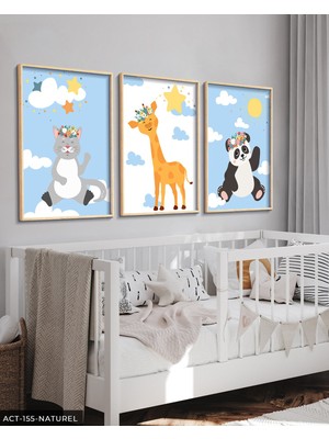 Evine Moda Küçük Kedi Panda ve Zürafa 3 Parça Ahşap Çerçeveli Tablo Act