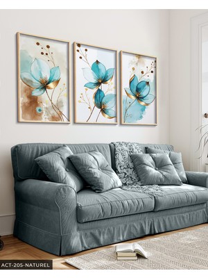 Evine Moda Gold Detaylı Mavi Çiçek 3 Parça Ahşap Çerçeveli Tablo Act