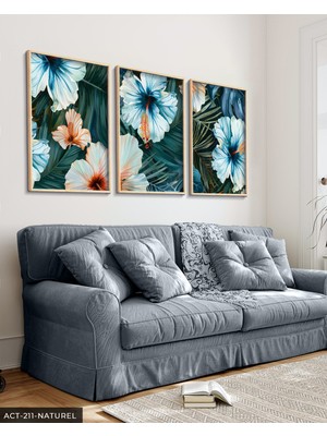 Evine Moda Yaprak ve Renkli Çiçekler 3 Parça Ahşap Çerçeveli Tablo Act