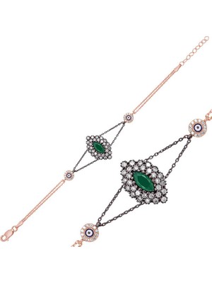 Katre46 925 Ayar Gümüş Rose Mat Yeşil Taşlı Otantik Bileklik
