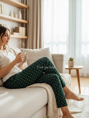 Renk Yapı Rüyası Kadın Yeşil Puantiyeli %46 Bambu Sandy Kumaş Düz Paça Tek Alt Kadife Pijama Altı