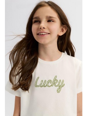 Nk Kız Çocuk Lucky Tshirt 8-14 Yaş Ekru-Yeşil