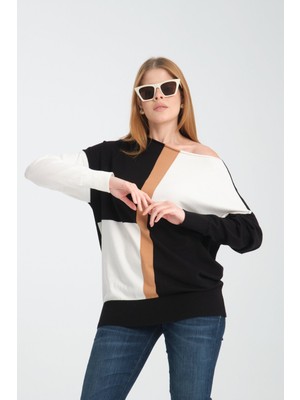 Moda Days Kadın Siyah-Beyaz Renk Bloklu Kayık Yaka Triko Bluz