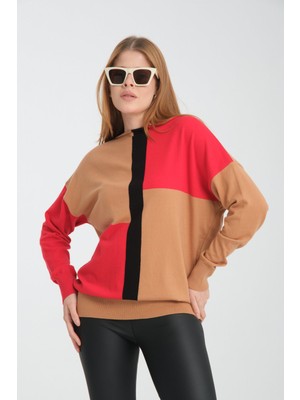Moda Days Kadın Bej-Kırmızı Renk Bloklu Kayık Yaka Triko Bluz