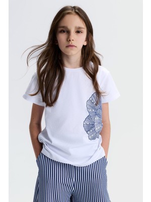 Nk Kız Çocuk Istiridye Tshirt 8-14 Yaş Ekru-Lacivert