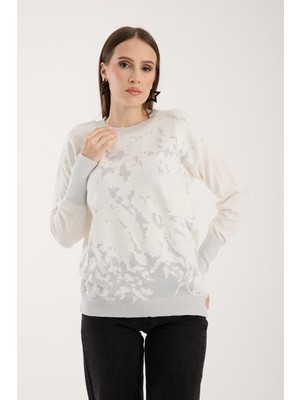 Moda Days Kadın Beyaz Sim Desenli Geniş Manşetli Bisiklet Yaka Triko Bluz