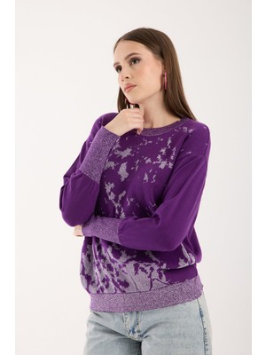 Moda Days Kadın Mor Sim Desenli Geniş Manşetli Bisiklet Yaka Triko Bluz