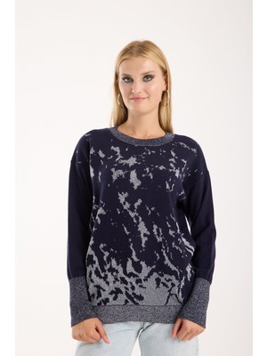 Moda Days Kadın Koyu Laci Sim Desenli Geniş Manşetli Bisiklet Yaka Triko Bluz