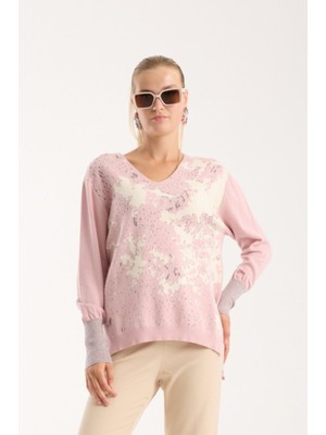 Moda Days Kadın Pudra Sim Desenli Geniş Manşetli Yan Yırtmaçlı V Yaka Triko Bluz