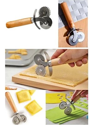 Safir Ev Kullanımı Için Ahşap Saplı Pizza Dilimleyici Çift Ağızlı Hamur Kesici Pizza Dilimleme Bıçağı