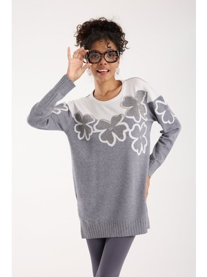 Moda Days Kadın Beyaz-Gri Iki Renkli Taş Detaylı Çiçek Desenli Yan Yırtmaçlı Bisiklet Yaka Triko Tunik