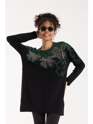 Moda Days Kadın Haki-Siyah Iki Renkli Taş Detaylı Çiçek Desenli Yan Yırtmaçlı Bisiklet Yaka Triko Tunik