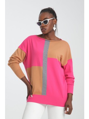 Moda Days Kadın Fuşya-Bej Renk Bloklu Kayık Yaka Triko Bluz