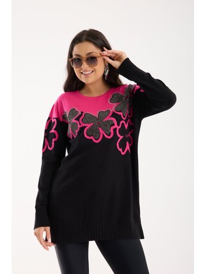 Moda Days Kadın Fuşya-Siyah Iki Renkli Taş Detaylı Çiçek Desenli Yan Yırtmaçlı Bisiklet Yaka Triko Tunik