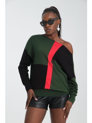 Moda Days Kadın Haki-Siyah Renk Bloklu Kayık Yaka Triko Bluz