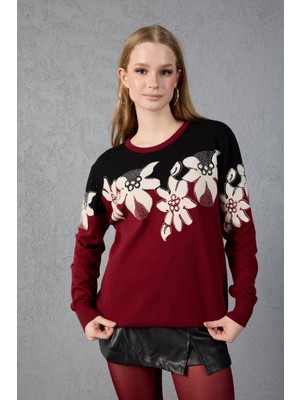 Moda Days Bordo-Siyah Iki Renkli Taş Detaylı Çiçek Desenli Bisiklet Yaka Triko Bluz