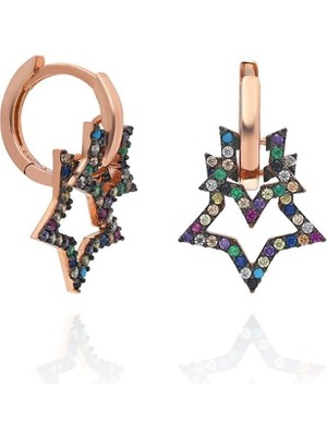 Nereze 925 Ayar Mix Taşlı Çift Yıldız Kadın Gümüş Küpe