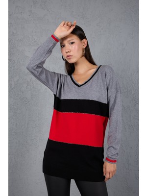 Moda Days Kadın Gri-Kırmızı Renk Bloklu Sim Biyeli V Yaka Triko Bluz