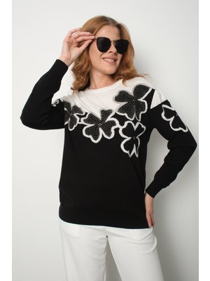 Moda Days Kadın Beyaz-Siyah Iki Renkli Taş Detaylı Çiçek Desenli Bisiklet Yaka Triko Bluz