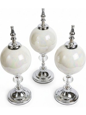 Gitti Gitti Seramik Toplu Alem Dekoratif Obje 3’lü Set Gümüş Janjanlı 34-32-30 cm