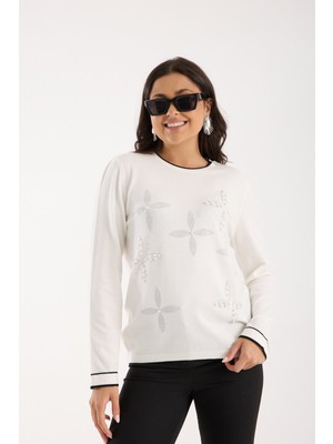 Moda Days Kadın Beyaz Önü Taş ve Inci Işlemeli Kontrast Biyeli Bisiklet Yaka Triko Bluz