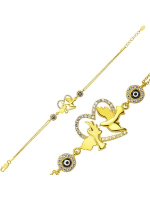 Katre46 925 Ayar Gümüş Gold Kalpli Güvercin Bileklik