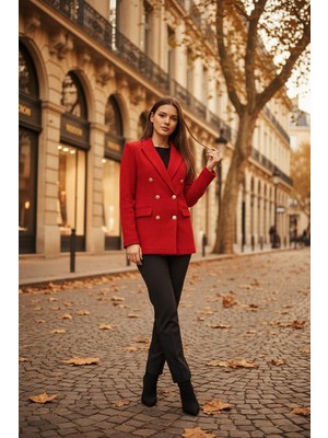 Seviliko Kadın Gold Düğmeli Blazer Tüvit Ceket