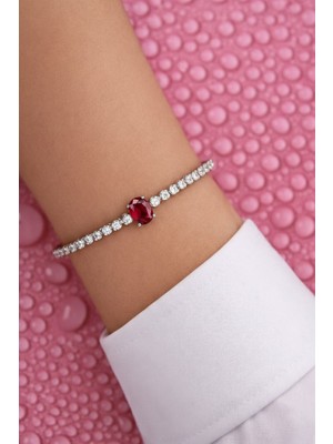 Silveranka 925 Ayar Gümüş Işıltılı Kırmızı Oval Taşlı Tenis Bileklik