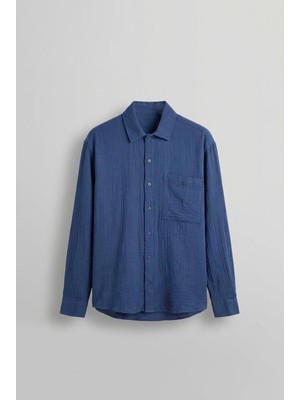 Abluka Online Erkek Oversize Fit Uzun Kollu Müslin Gömlek Lacivert