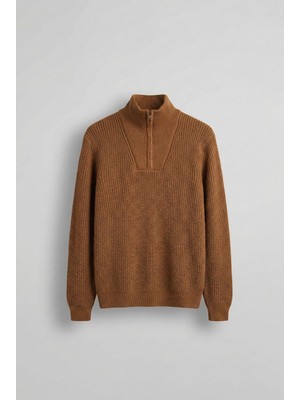 Abluka Online Erkek Yarım Fermuarlı Örme Kazak Kahverengi