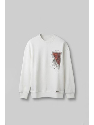 Erkek Oversize Desen Yamalı Sweatshirt Ekru