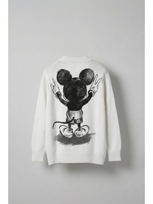 Erkek Oversize Mickey Mouse Kabartma Baskılı Kazak Beyaz