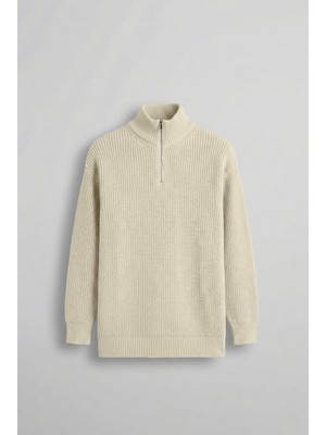 Abluka Online Erkek Oversize Yarım Fermuarlı Kazak Bej