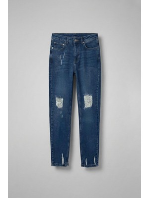 Abluka Online Erkek Boyfriend Kalıp Yıpratılmış Jean Pantolon Koyu Mavi