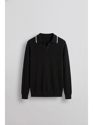 Abluka Online Erkek Polo Yaka İnce Fitilli Kazak Siyah
