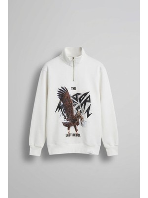 Abluka Online Erkek Rahat Kalıp Baskılı Yarım Fermuarlı Sweatshirt Ekru