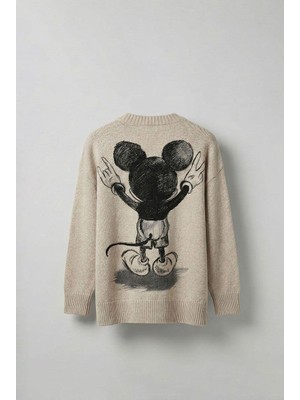 Erkek Oversize Mickey Mouse Kabartma Baskılı Kazak Bej