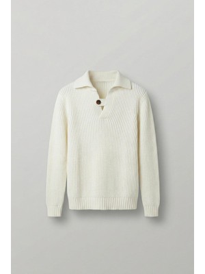 Abluka Online Erkek Oversize Düğmeli Çizgili Kazak Ekru