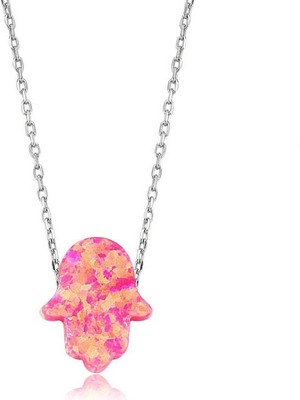 Katre46 925 Ayar Gümüş Pembe Opal Fatma Eli Kadın Gümüş Kolye
