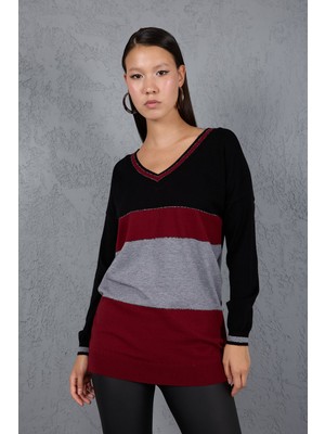 Moda Days Kadın Siyah-Bordo Renk Bloklu Sim Biyeli V Yaka Triko Bluz