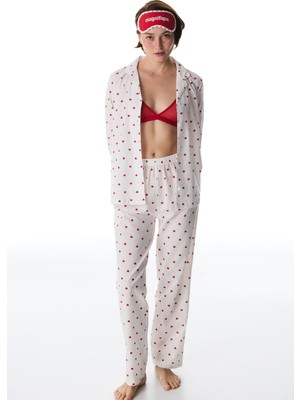 Penti Kırık Beyaz Red Hearts Düğmeli Gömlek Pantolon Pijama Takımı