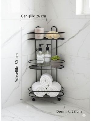 Aktaş Home 3 Katlı Metal Banyo ve Mutfak Düzenleyici Köşe Rafı 50 cm Vidalı - Yapışkanlı