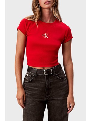 Calvin Klein Fitilli Pamuklu Slim Fit Bisiklet Yaka Crop T Shirt LV047AB802VMT Bayan T Shirt LV047AB802 Vmt