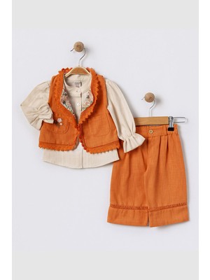 Miniğimin Cicileri Dantel Kenarlı Yelekli Kız  Çocuk Keten Işlemeli Kız Bebek Takım - Turuncu