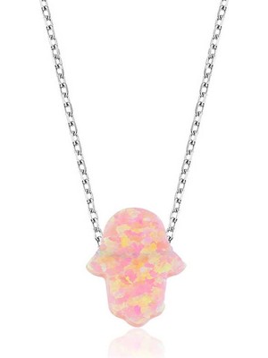 Katre46 925 Ayar Gümüş Pembe Opal Fatma Ana Eli Kadın Gümüş Kolye