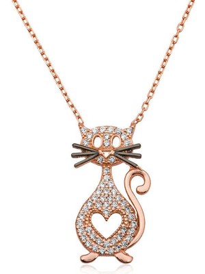 Katre46 925 Ayar Gümüş Kalpli Kedi Kadın Gümüş Kolye