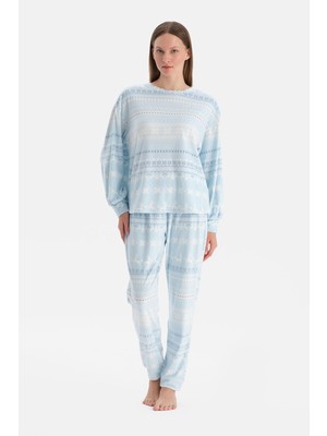 Dagi Açık Mavi Baskılı Kadife Tişört Pantolon Pijama Takımı