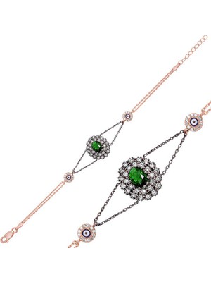 Katre46 925 Ayar Gümüş Rose Yeşil Taşlı Otantik Bileklik